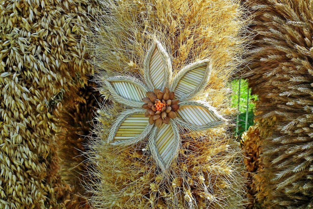 Verzierte Erntekrone aus Getreideähren und getrockneten Pflanzen